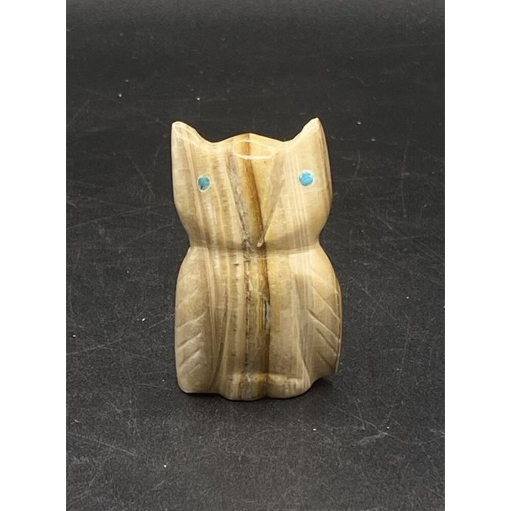 Zuni Fetish Stone Travertine Owl w/Inlay Blue Eyes 2” Signed E 27